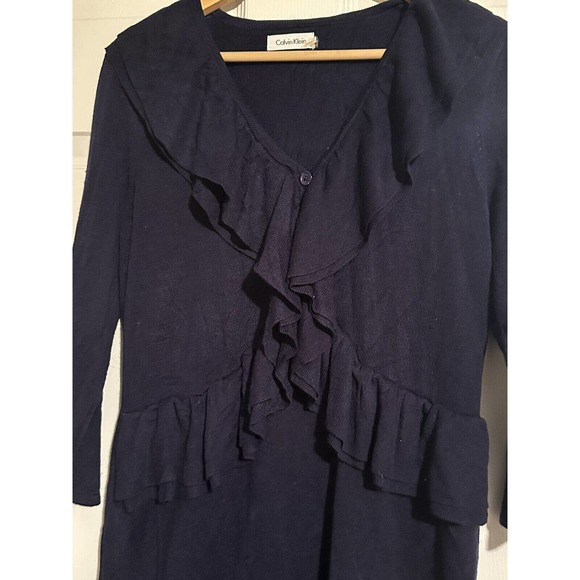 Calvin Klein Ruffled Navy Blue Sweater Dress size L - Picture 1 of 3
